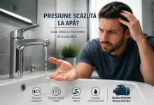 Robinet cu debit scăzut de apă într-un apartament din București, ilustrând problema presiunii scăzute și necesitatea montajului unui hidrofor